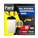 PAMI Tall 13-Gallon Kitchen Drawstring Trash Bags [80-Pack, Black] - Extra-Strong Plastic Garbage Bags- Thick Trash Can Liners For Kitchen, Bathroom & Outdoor Bins- 2ft x2ft Unscented Trash Bags