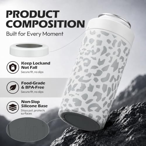 Image of 4-in-1 Slim Can Cooler Easy to Hold Insulated Beer Can Holder Double-walled Stainless Steel for All 12 Oz Cans Gift (White Leopard)