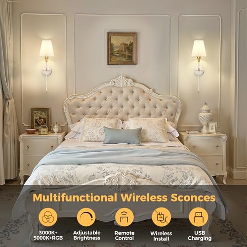 Image of DORESshop Battery Operated Wall Sconce Set of 2, Wireless Wall Light Easy to Install, 7 Color Rechargeable Wall Sconces, Sconce Wall Decor Set of 2 for Bedroom, Living Room, Gold and White, 24.6in
