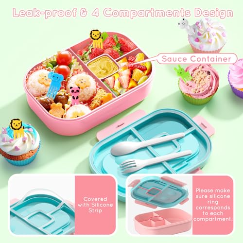 Image of Lunch Box Kid Adult Bento Box, 4-Compartment Food Lunch Containers with Fork & Spoon, BPA Free, Leak-Proof Bento-Style Lunch Box for Work School, Microwave & Dishwasher Safe (Candy)