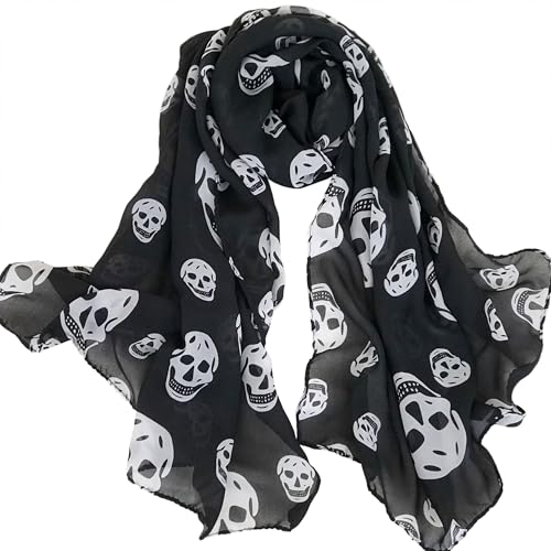 Mazeology Skull Scarf Soft Silky Poly Chiffon 59” Long Scarf Gothic Black and White Gothic Fashion Accessory 18” Wide, Pirate Bandana for Women & Men3