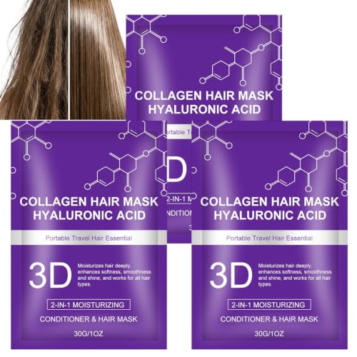 Mascarilla capilar de colágeno 3D y ácido hialurónico, mascarilla de cuidado profundo, acondicionador portátil, tratamiento para el cabello con ácido hialurónico, tamaño de viaje (3 unidades)