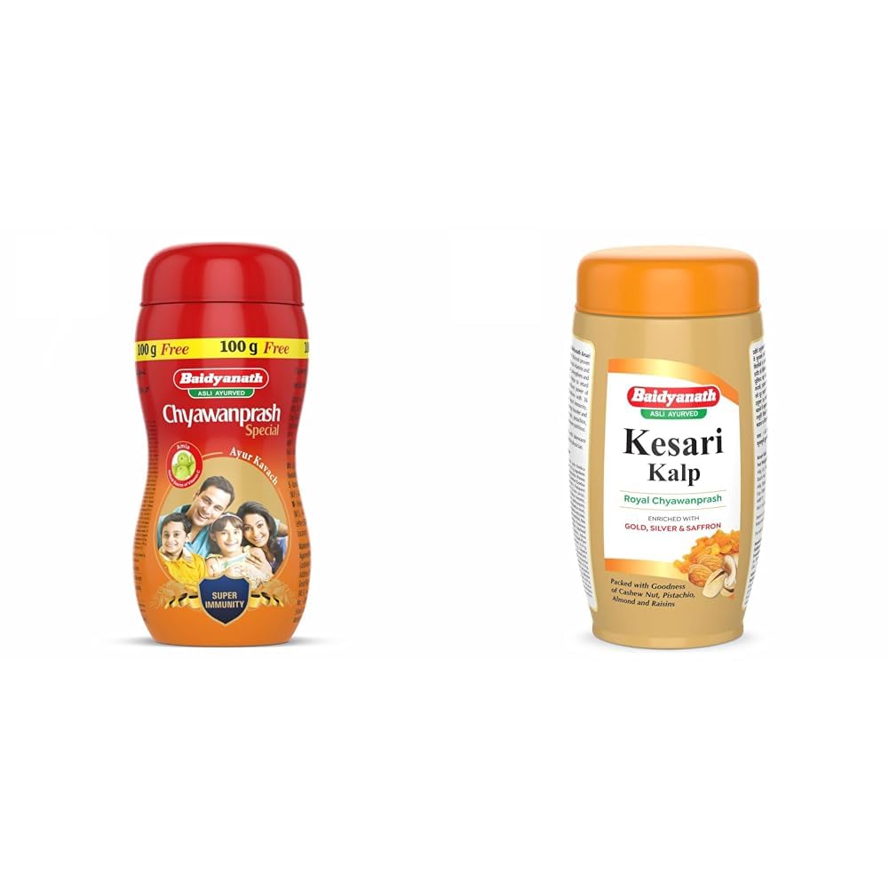 Baidyanath Asli Ayurved Chyawanprash Special, 1kg + 100g Free for Adults & Kids & Baidyanath Asli Ayurved Kesari Kalp Royal Chyawanprash 1 Kg - Enriched With Gold, Silver And Saffron, Pack of 1
