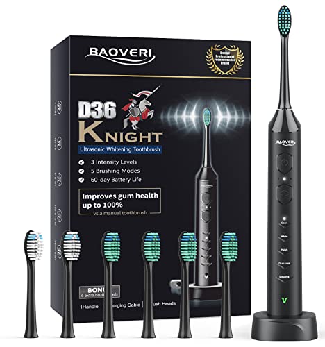 BAOVERI Sonic Electric Toothbrush for Adults and Kids - Wireless Rechargeable Toothbrush, 6 Brush Heads - 5 Brushing Modes with 3 Intensities - 42000 VPM Motor - Charge Lasts Up to 60 Days