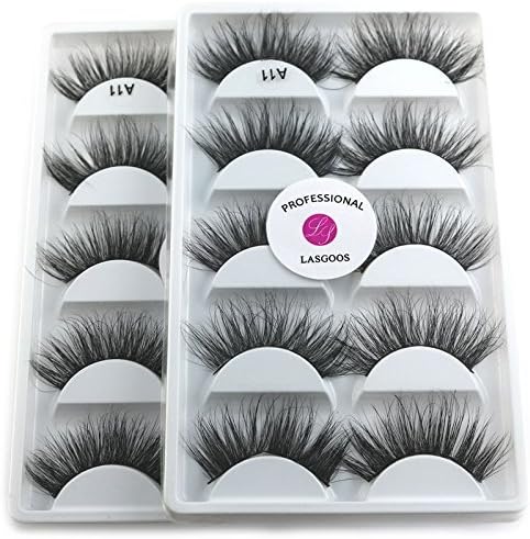 3D Mink False Eyelashes LASGOOS 100% Siberian Mink Luxurious Fluffy Volume Messy Cross Light Weight Long 5 Pairs x 2 Wholesale Fake Eye Lashes A11