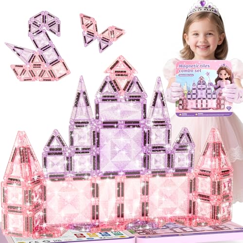 burgkidz Sparkling Glitter Magnetic Tiles for Girls Ages 3-8: 42PCS Pink & Purple Tiles with Storage Tin Standard Size Compatible with Leading Brands Dual Size Mix Travel Friendly Birthday Gift
