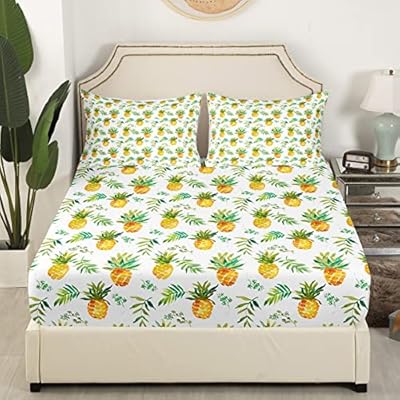 Pineapple Bed Sheet Set Queen Size Tropical Fruit Print Fitted Sheet for Kids Boys Girls Decor Fresh Pineapple Pattern Bedding Set Microfiber Leaf Bed Cover Deep Pocket Green Bed Set 51hY+1bv1AL. SS400