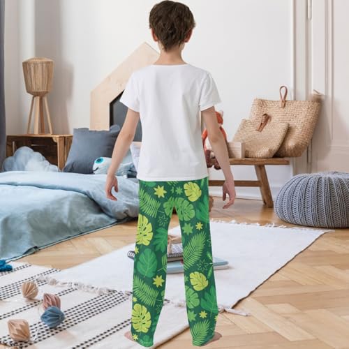 Boy's Pj Pants Yellow Green Tropic Leaf Lounge Bottoms Elastic Waist Kids Joggers with Pockets Size 6-143