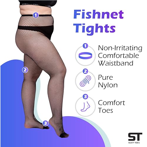 Silky Toes Plus Size Fishnet Stockings No Rip 1- Pk Fishnets High Waisted Tights for Women 1X 2X 3X 4X 5X 6X 7X3