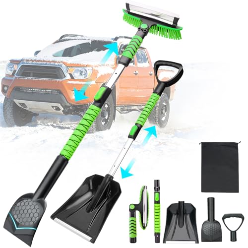 43.3 Snow Shovel & Snow Brush with Ice Scrapers for Car Windshield 5-in-1 Extendable Thicken Aluminum Tube 180 Pivoting Brush Head & Foam Grip for Christmas Cars Trucks SUVs VehicleGreen