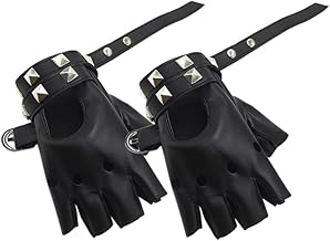 iwobi Punk Leather Fingerless Gloves Women's Half Finger Winter Gloves Punk Studded Black M