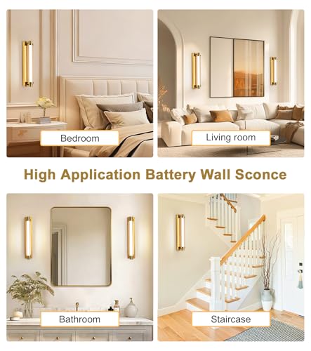 Image of Set of 2 Modern Gold Detachable 15000mAh Battery Wall Sconces | 15000mAh detachable battery, remote dimmable timer, renter-friendly no hardwire light for wall art bedroom hallway