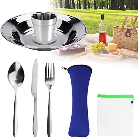 WETARENDA Camping Cutlery Set 1 Person Outdoor Travel Cutlery Portable Camping Cutlery Set Stainless Steel Crockery Camping Cutlery Set with Forks Spoon Knife Plate Coffee Cup for Hiking Travel Picnic Cover