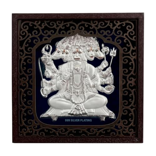 Image of Silver Plating Panchmukhi Hanumanji Frame | Divine Home Decor | Wall Mount SquareFrame for Gift, Wooden PhotoFrame for Temple, OfficeDecor, FestivalsGift | hangingframe (6.50 inch x 6.50 inch Inch)