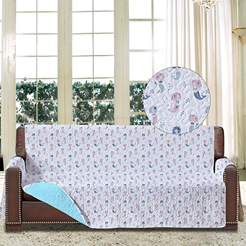 Funda de sofá impresa, reversible con bolsillos, protectores de sofá resistentes a las manchas para 3 cojines con correas elásticas y lazos para mascotas, niños, niños, perro gato (tres, sirena/Aqua)