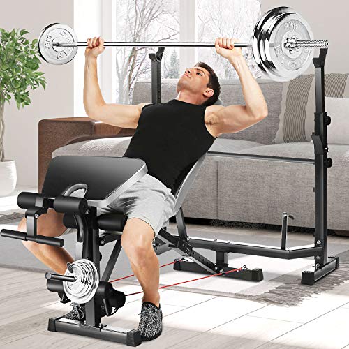Adjustable Weightlifting Bed Bench Press Squat Rack Indoor Multi-Function Olympic Weight, Strength Training Fitness Equipment for Full-Body Workout (Gray)