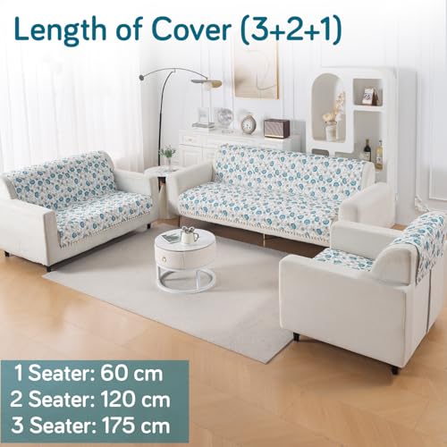 Image of HOKIPO Cerulean Bloom Quilted Sofa Cover 6 Seater with Tassels Set - Washable 3+2+1 Sofa Panel for Seat & Back | 'Tassel Twigs' Series (IN-991-T6 + IN-990-T6 + IN-989-T6)