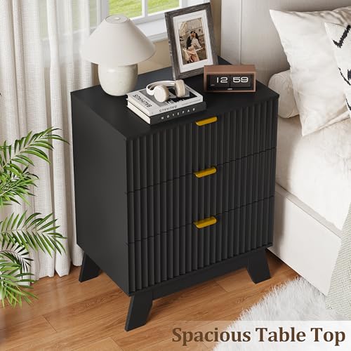 Image of Fluted Nightstand Sets of 2 with 3 Large Drawers, Wooden Side End Table with Elevated Legs for Easy Cleaning, Sturdy Modern Beside Table for Small Space, Bedroom, Black, 24 inch L