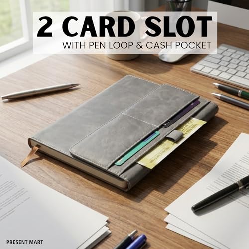 Image of FoldBook Stash Personalized Name Print A5 Notebook with Magnetic Flap Closure, 3-Fold Organizer Cover with Pockets & Pen Slot, 192 Pages 80 GSM Paper, Bookmark Ribbon, Custom Journal for Office School Gifts (GREY)