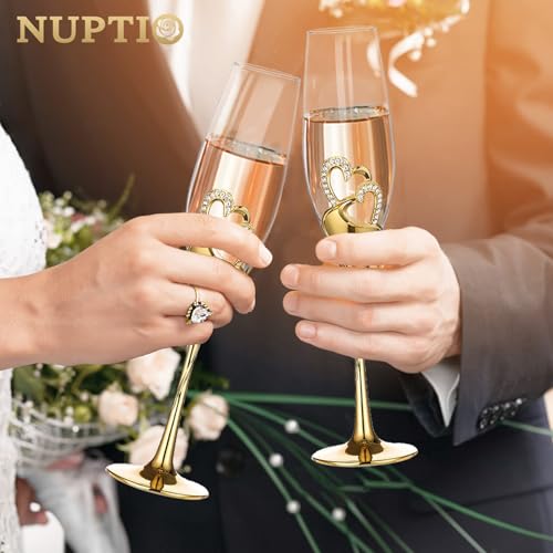 Nuptio Nozze Regalo Oro Bicchieri: Set di 2 Bicchieri Champagne Brindisi Flûte Cristallo Matrimonio Anniversario Feste - immagine 4