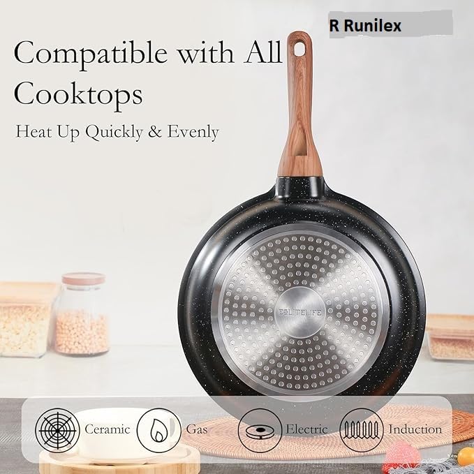 Image of Non-Stick Frying Pan with Wooden Finish Soft Touch Handle, 2.5mm Thickness, Consumes Less Oil, Even Heat Distribution, Induction Bottom and Gas Ready (Black, 24cm)