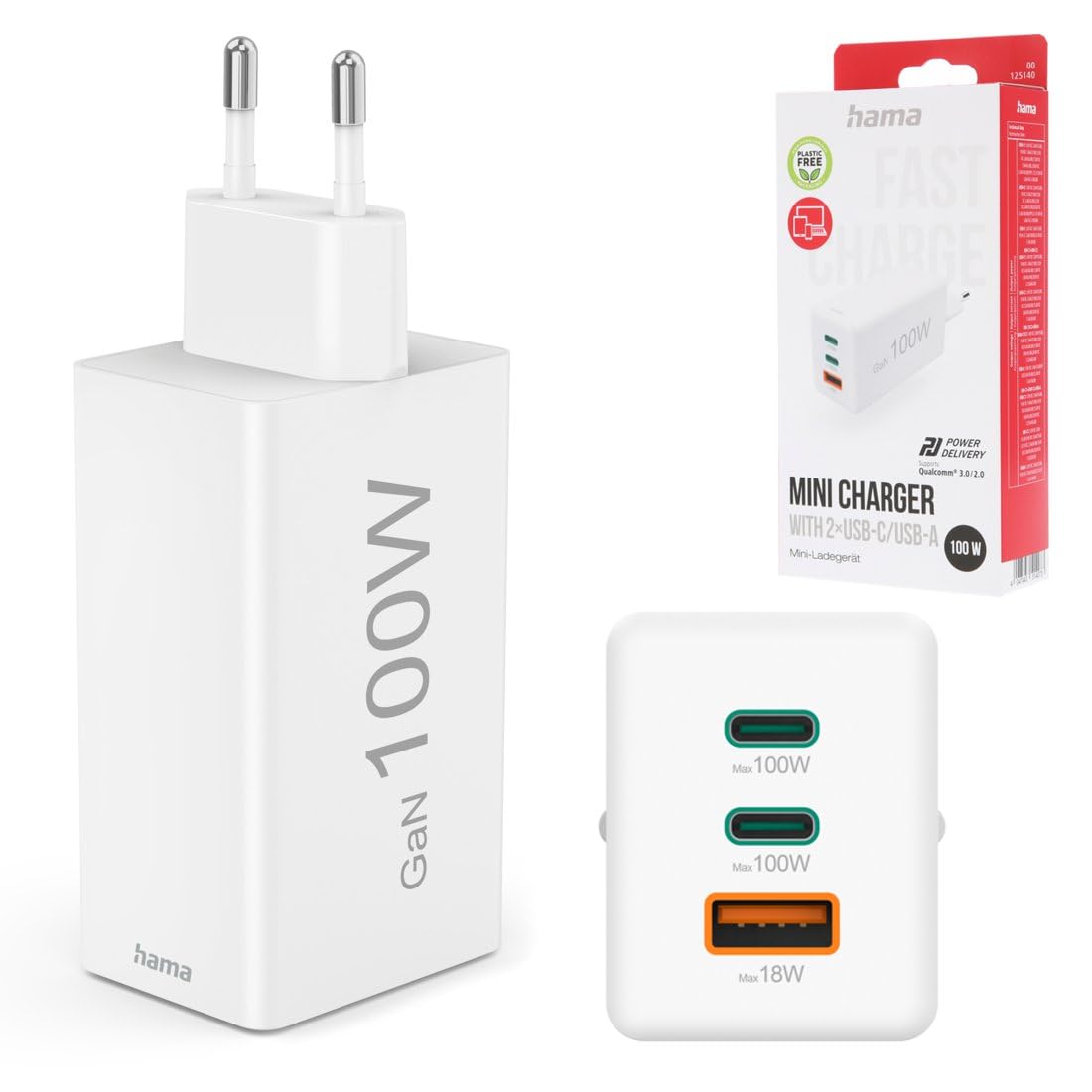 Hama | Cargador rápido de Pared Universal. (Tecnología GAN 100w, 2X USB c Power Delivery, 1x USB a Quick Charge, Carga simultánea 3 Dispositivos) Blanco.