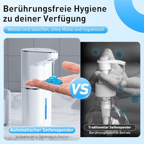 Fantictas Automatischer Seifenspender, berührungslos, Wandmontage, wiederaufladbar, 3-stufig Einstellbarer elektrischer Seifenspender 350ml mit Infrarot-Bewegungssensor für Badezimmer, Küche,Weiß 3