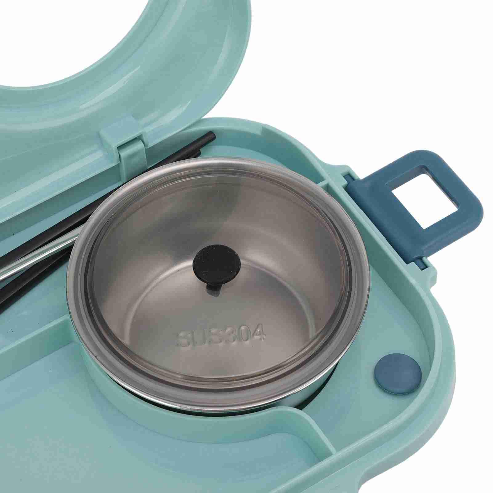 Boîte à Déjeuner, Boîte à Déjeuner Thermique en Acier Inoxydable 304 avec Cuillère, Baguettes et Bol à Soupe Double Couche 3 Compartiments de Stockage des Aliments, (BLUE)