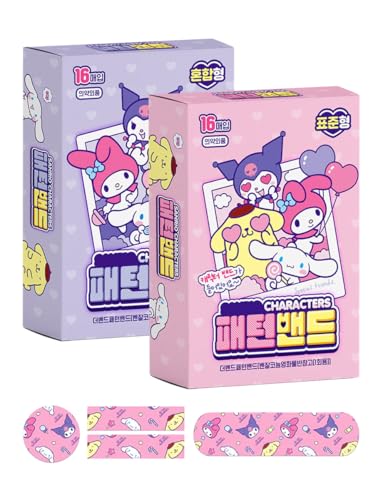 Adhesive Bandages Variety Pack (2 Boxes 32 Count Total) Cute Cartoon Design Standard + Assorted Shapes Breathable & Comfortable