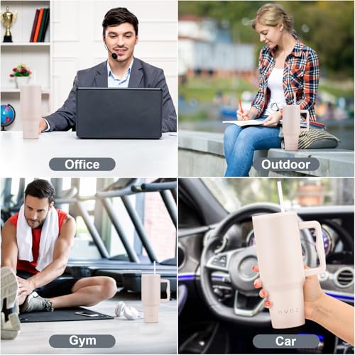Image of MYOZ 1200ML Stainless Steel Water Mug with Handle, Lid, 2 Straws Leak-Proof Cupholder Tumbler for Gym, Travelling- Spill-Proof 40 oz Bottle (Oatmeal)