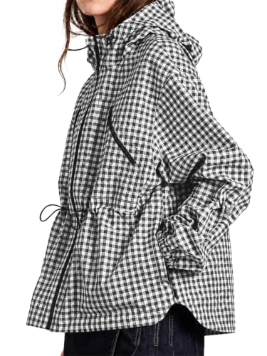 Fisoew Womens Rain Jacket Waterproof Plaid Raincoat Hooded Windbreaker - image 1