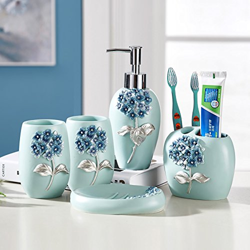 Shozafia Resin Bathroom Accessories Set, 5 Piece Bath Ensemble, Bath Set Collection Features Soap Dispenser Pump, Toothbrush Holder, Tumbler, Soap Dish, Aqua