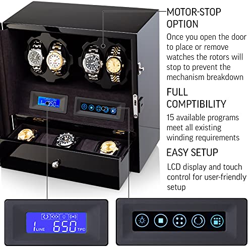 Image of 4 Watch Winder with 5 Watch Storage Space, LCD Display, Touch Control and Interior Light