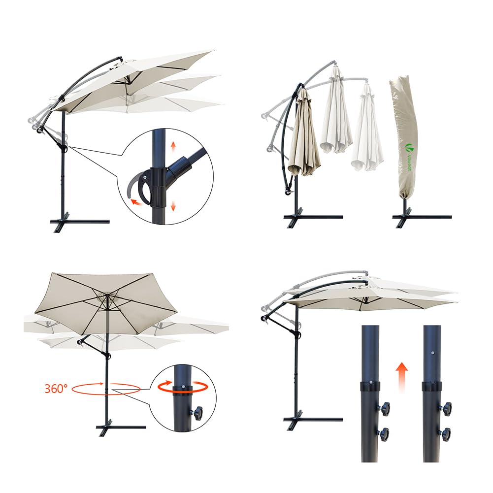 VOUNOT 300 cm Parasol Excentrico, Sombrilla de Jardín con Manivela y Funda Protectora, Protección UV, Beige & Base para Sombrilla, HDPE Pie Soporte Parasol o Paraguas, llenar con Arena o Agua 60 kg