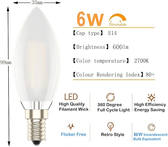 E14 Dimmable Led Candle Bulb,SES Small Edison Screw,6W Equivalent 60w, Warm White 2700K (2-Pack) [Energy Class E]