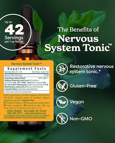 Image of Herb Pharm Nervous System Tonic with St. John's Wort, Organic Skullcap & Milky Oat | Liquid Extract for Calm, Emotional & Stress Support Supplement | Vegan, Non-GMO, Up to ~3 Week Supply, 1 oz*