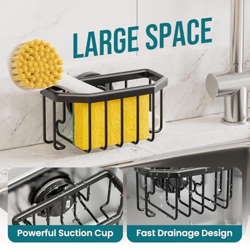 Image of TAILI Sponge Holder with Strong Suction Cup, Dish Sponge Caddy Inside Sink Removable, Rustproof Aluminum for Sponges, Brushes, Stoppers and Scrapers - Black (Pack of 2)