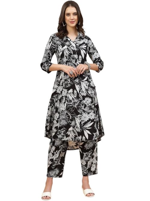 Image of Women's Cotton Kurta with Trousers Set, Floral Print, Regular Fit
