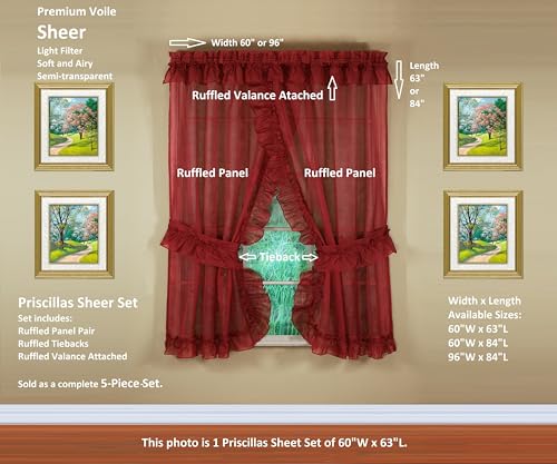 Image of Today's Curtain, Emelia Priscilla Sheer Pair 96 inch W x 84 inch L, Burgundy, 5-Piece-Set