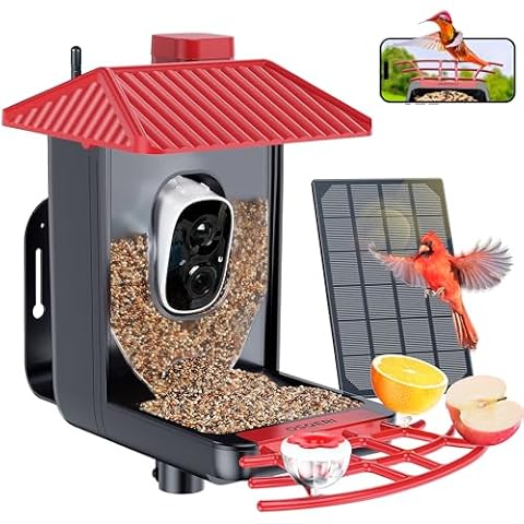Osoeri Bird Feeder with Camera, Smart AI Identify Wild Bird Feeders Camera, 1080P Auto Capture Bird Videos & Motion Detection, with DIY Add-ons & Hummingbird Feeder, Gifts for Bird Lover (Red Black) Cover