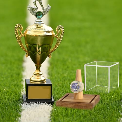 Image of Clear Acrylic Championship Ring Display Case with Wood Stand Base, Memorabilia Stand Cube Holder Dust Protection Transparent Storage Box for Sports Baseball Basketball Fan Souvenir Protection Supplies
