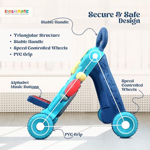 Image of Kidsmate Baby Activity Walker | Push Walker for Babies 6-18 Months | Foldable Musical Baby Walker with Toy Bar | Safe & Non-Toxic Design for Baby Development & Learning Toddler Toys - Blue