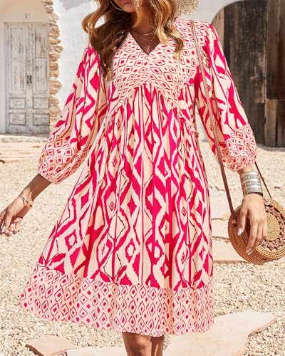 Image of BTFBM Women Casual Spring Summer Dresses V Neck 3 /4 Long Sleeve Ruffle Floral Flowy Boho Babydoll Mini Short Beach Dress