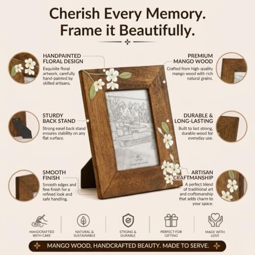 Image of Aurum Crafts Bella Handpainted Wooden Photo Frame 4x6 Inch | Handcrafted Mango Wood Picture Frame with Floral Design | Tabletop & Wall Mount Frame for Home Decor