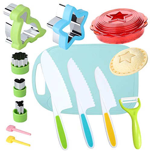 Kids Knife Set for Real Cooking with Cutting Board Safe Salad and Lettuce Knives, Sandwich Cutter and Sealer for Kids, Stainless Steel Vegetable Cutter Shapes Set Mini Cookie Clay Cutters