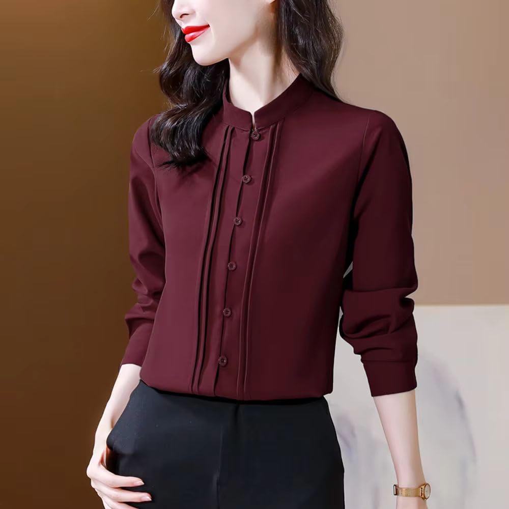 Camisa elegante de satén liso para mujer, de manga larga, vintage, para oficina, trabajo, blusa blanca, ropa formal