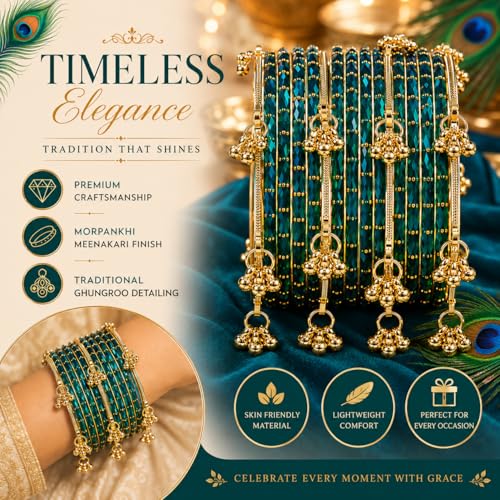Image of JPS 16 Pcs Trendy Stylish Glass & Kashmiri Ghungroo Bangles Set for Women & Girls | Gold-Plated Traditional Festive Wedding Party Jewellery Chudi Set (12 Glass + 4 Metal)