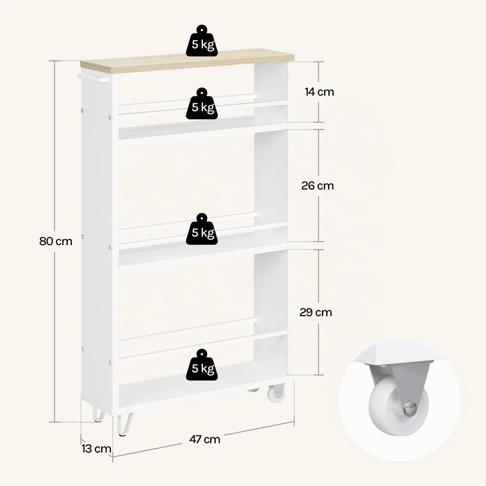 WOLTU Desserte à roulettes, Chariot de Rangement à 3 Niveaux, Desserte Cuisine, Chariot de Service, Étagère roulettes, avec Poignée et Freins, 47x80x13 cm, Chêne Clair + Blanc