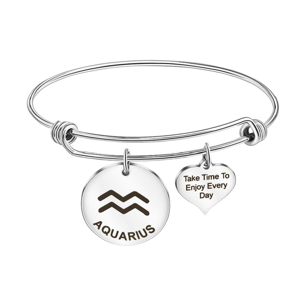 MEMORIALUWomen Inspirational Charm Bangle Bracelet Engraved Take Time To Enjoy Every Day Constellations Heart Adjustable Bracelets Birthday Gift