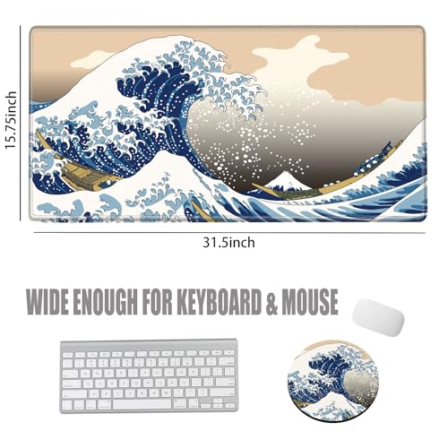Image of Gaming Mouse Pad Large Mousepad Japanese Sea Wave Desk Mat XXL Big Desk Pad 31.5x15.75 Rubber Base Computer Pad with Stitched Edges Mouse Mat for Work Game Home Office